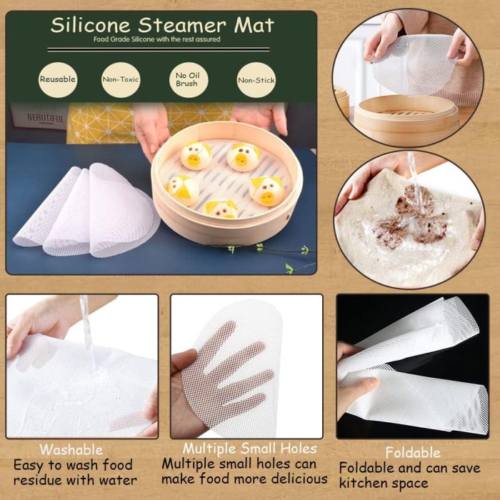5PCS 11.8 inch Silicone Steamer Liners Round Mesh Baking Mats Non-Stick Steamed Reusable Food Grade Pastry Dim Sum Steamer Papers Bamboo Dumpling Mat - Image 2